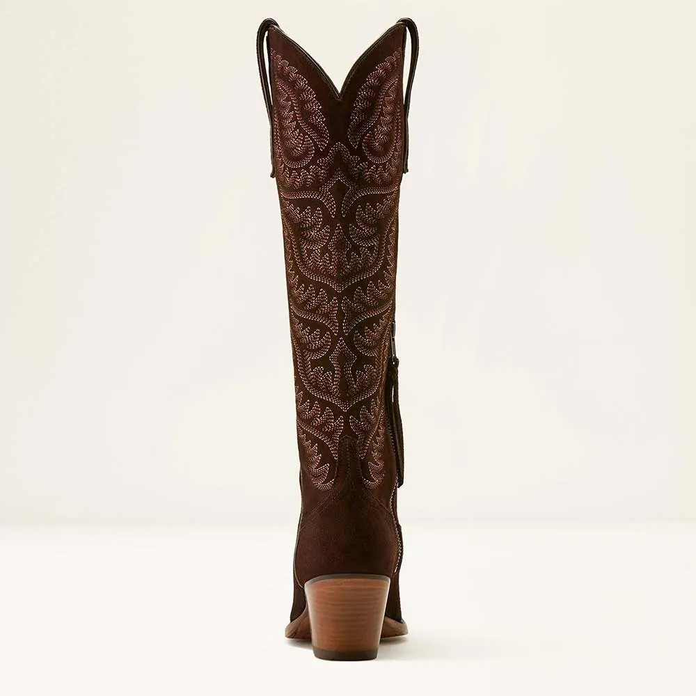 Brown Snip Toe Chunky Heel Embroidered Cowgirl Boots for Women