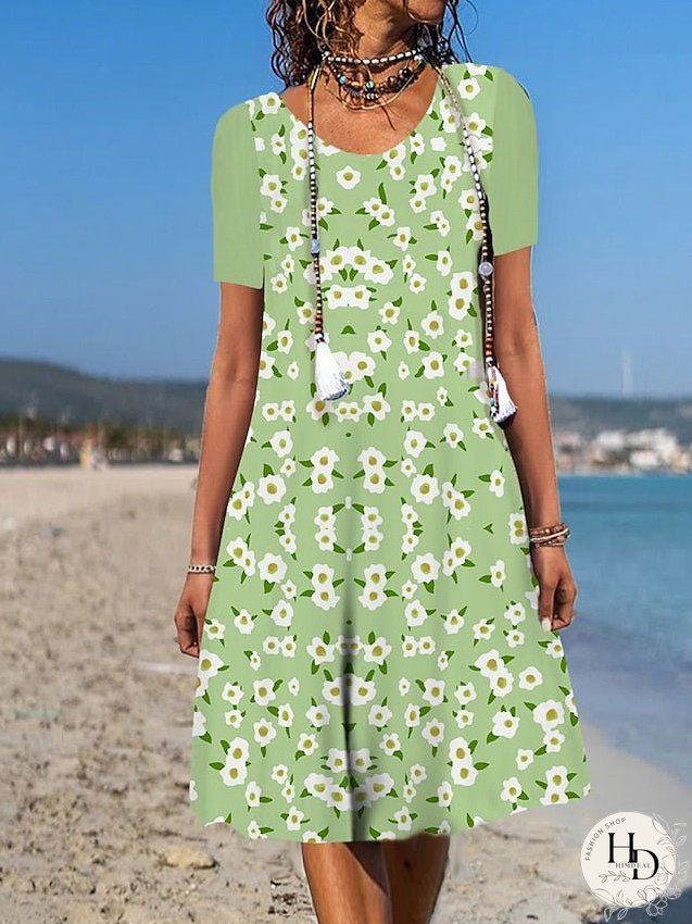 Casual Dress Floral Dress Summer Dress Graphic Floral Pocket Print Crew Neck Midi Dress Fashion Modern Daily Holiday Short Sleeve Loose Fit Aqua Blue White Light Green Summer Spring S M L XL for Women