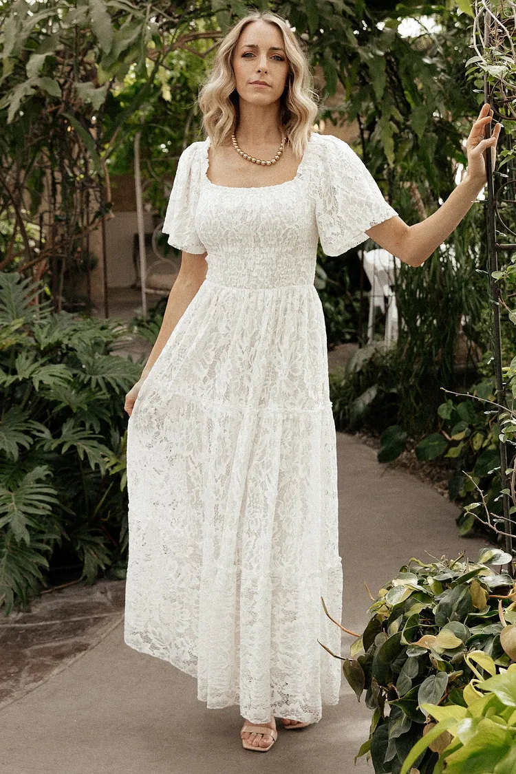 Smocked Lace Floral Maxi Dress - Off White