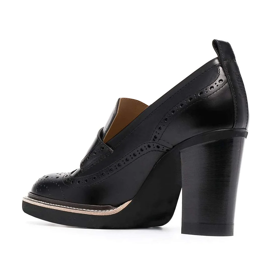 Black Vegan Leather Round Toe Cut-Out Platform Loafers with Block Heel