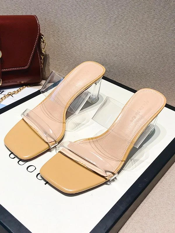 One word with thick heel crystal transparent high-heeled slippers