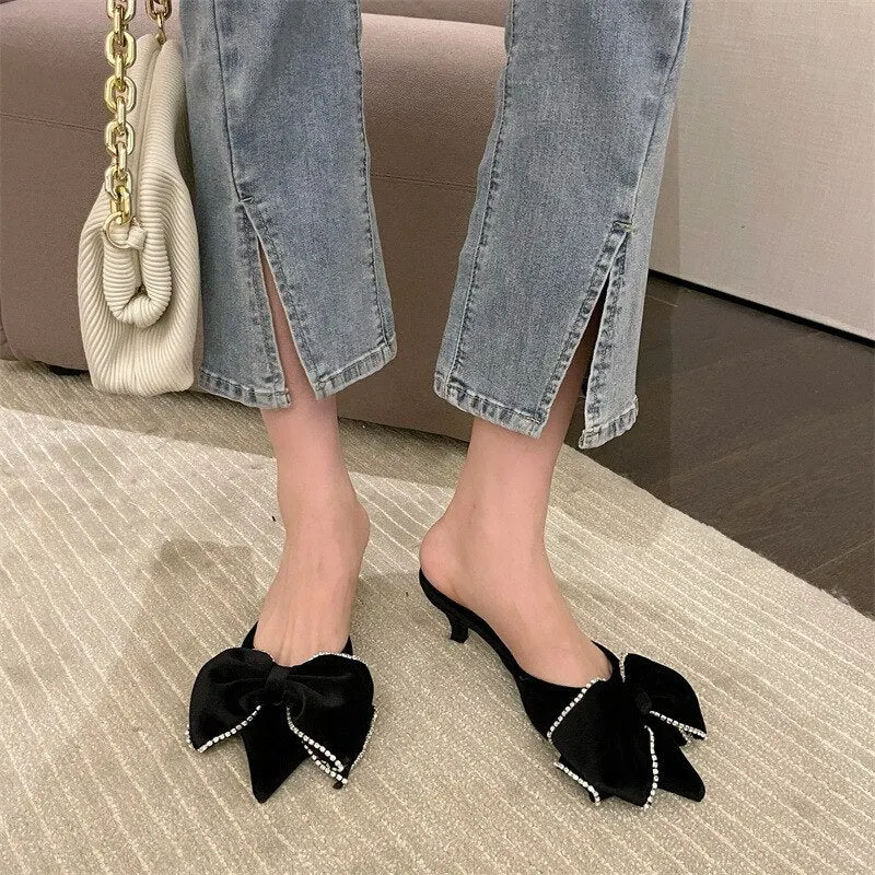Fall Women's Velvet Slippers 2021 Korean Version New Chic Bow Rhinestone Slippers Stiletto Closed Toe Slippers Women's Sandals