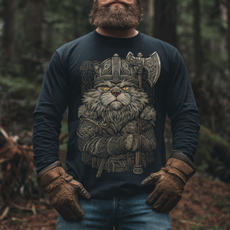 Men's Viking Warrior Cat Crew Neck Long Sleeve Casual T-shirt elevenforest