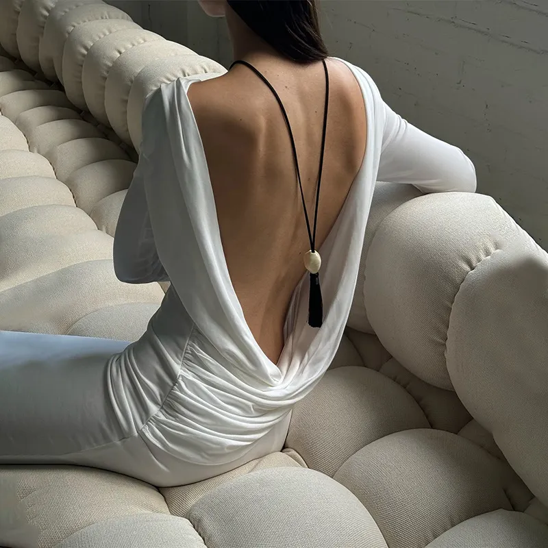 Brownm Brownm Autumn New Sexy Big Show Back Solid Color High Waist Temperament Slim Long Sleeve Dress Female