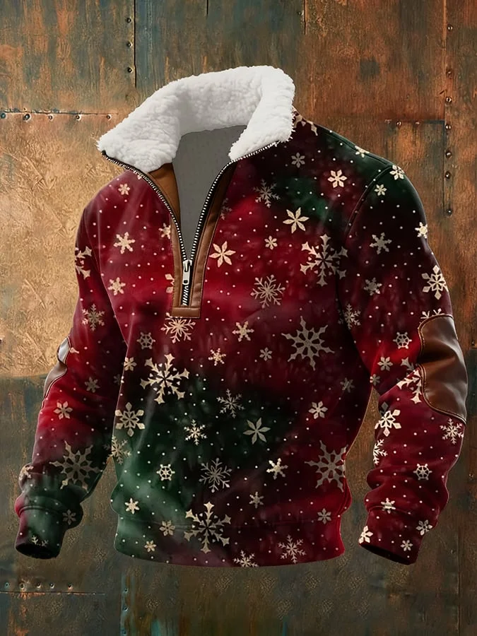 Men's Christmas Art Design Printed Plush Stand Collar Sweatshirt 