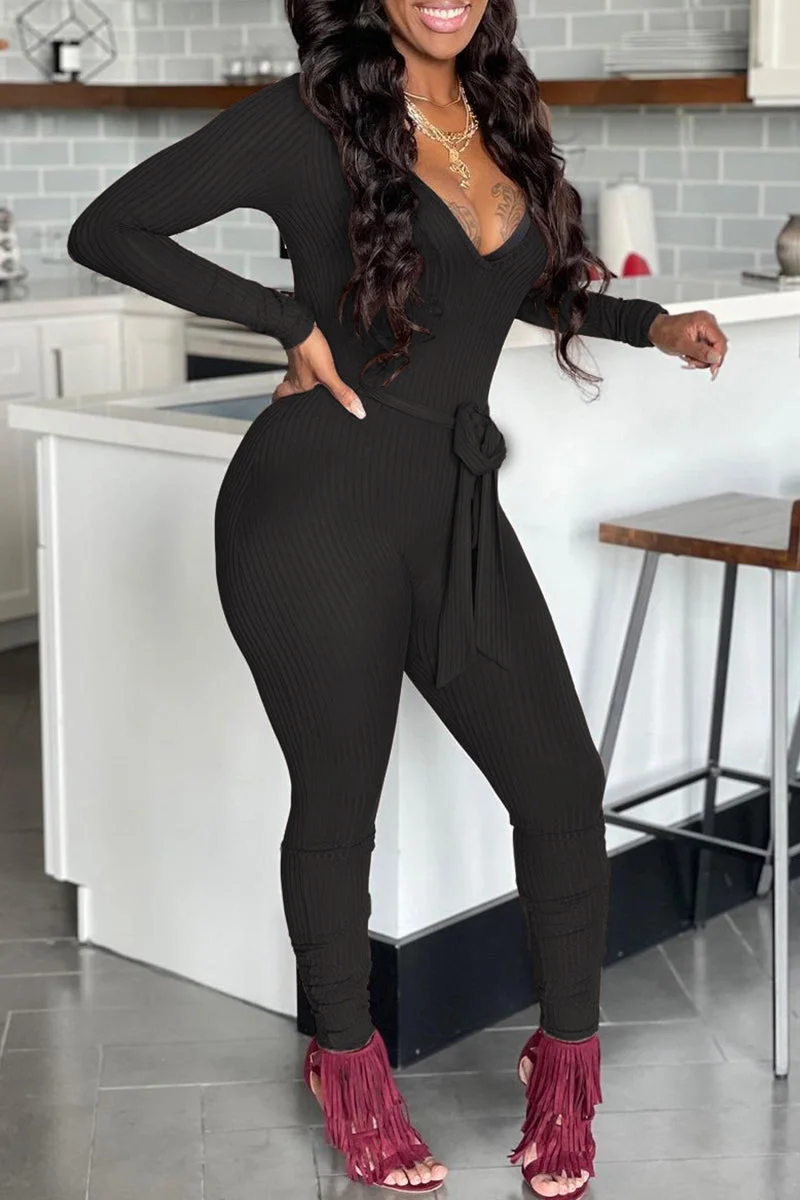 Fashion Casual Solid With Belt V Neck Skinny Jumpsuits