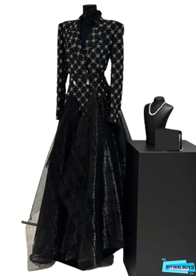 Slim Fit Black Plaid Patchwork Tulle Maxi Dress Fall