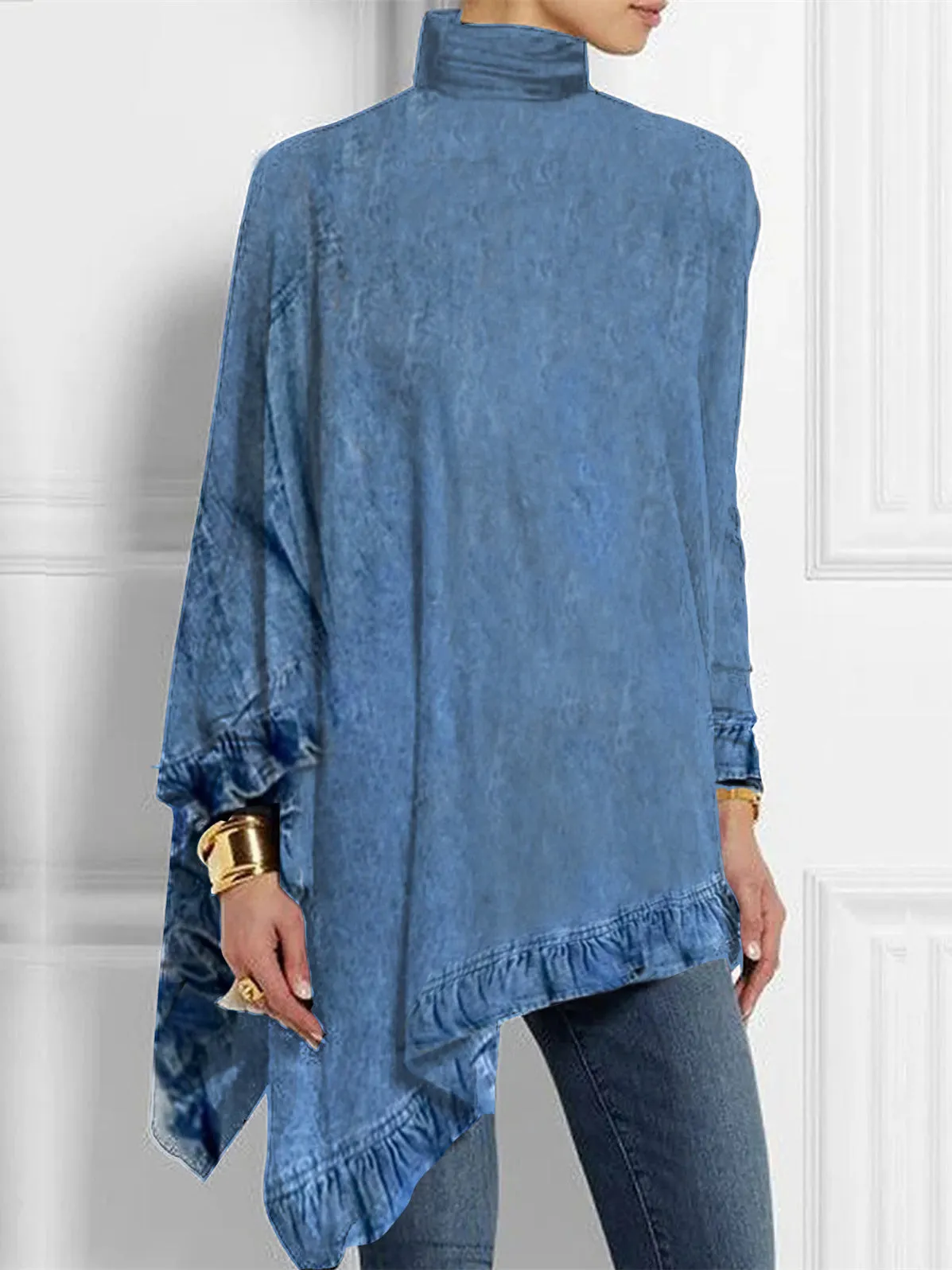 Women's Long Sleeve Turtle Neck Solid Color Tassels Top