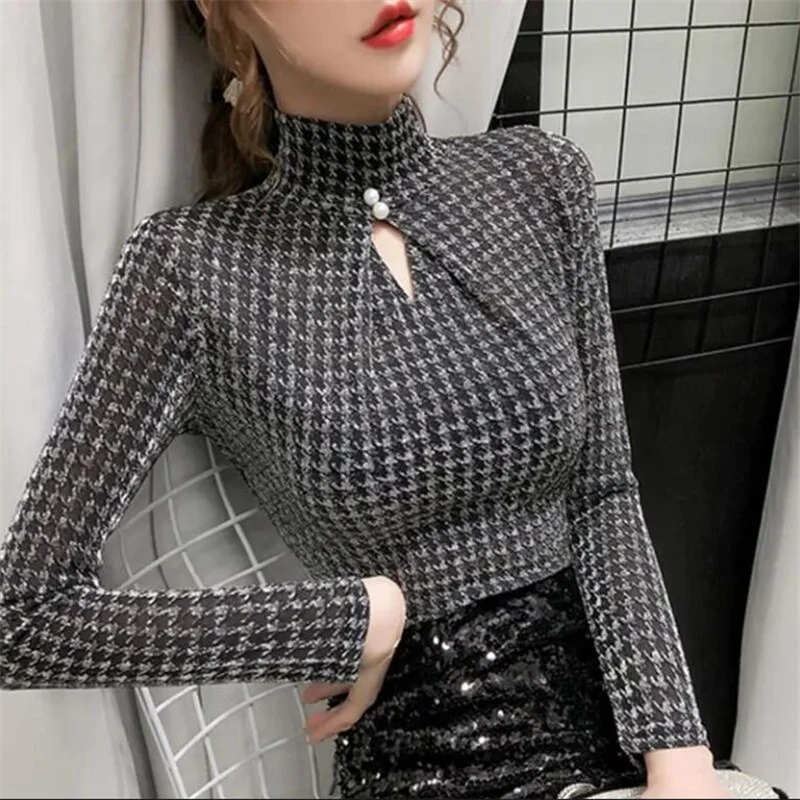 Bright Silk High Neck StretchT-shirtWomen's Bottoming Shirt Hollow out Beading Tees Spring Autumn  Soft Tops Female Tshirt
