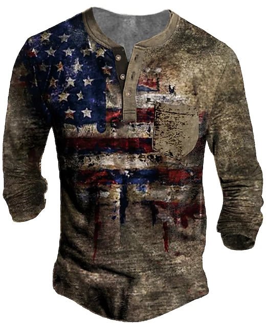 Men's T-Shirt 3D Graphic Flag Plus Size Henley Everyday Sports Button Print Long Sleeve Top