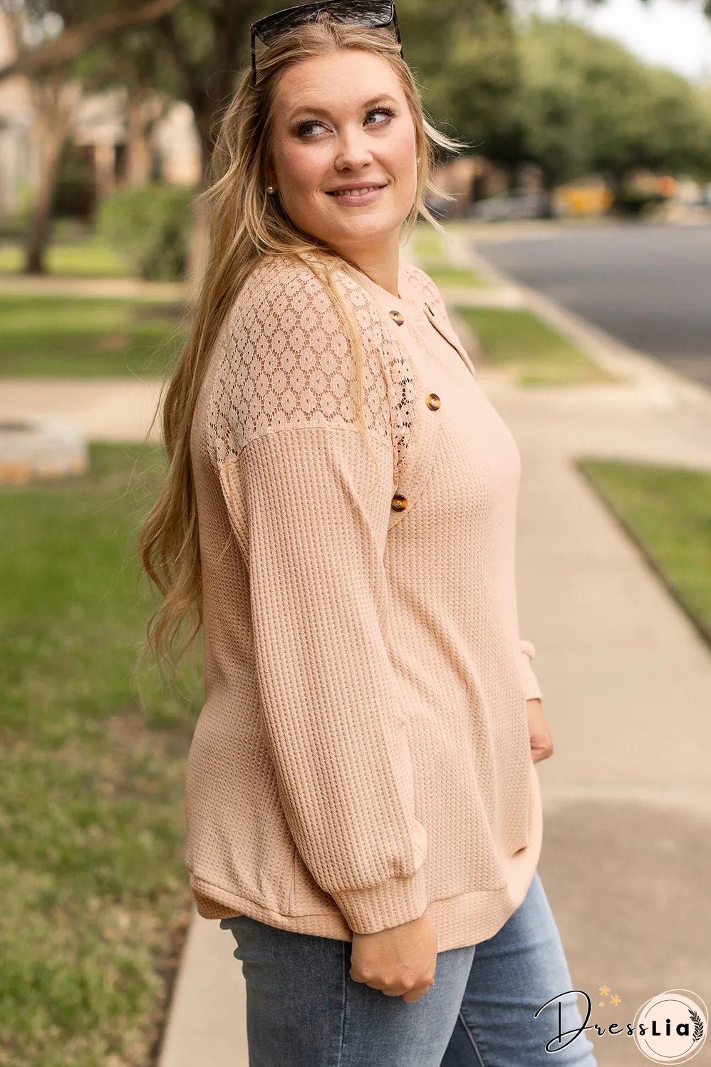 Beige Plus Size Lace Patchwork Buttons Waffle Knit Top