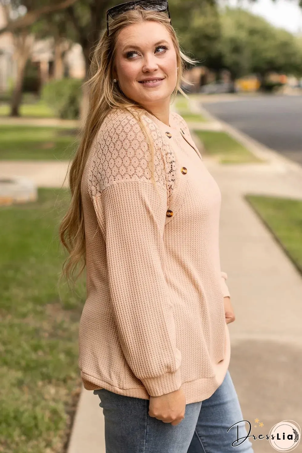 Beige Plus Size Lace Patchwork Buttons Waffle Knit Top