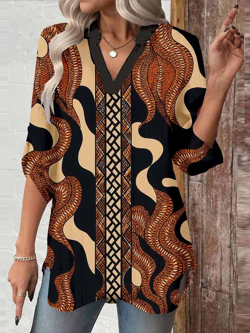 Women Stripes, Geometric, Black, Brown DZGA0068 3/4 Sleeve V-neck Printed Graphic Button Tops
