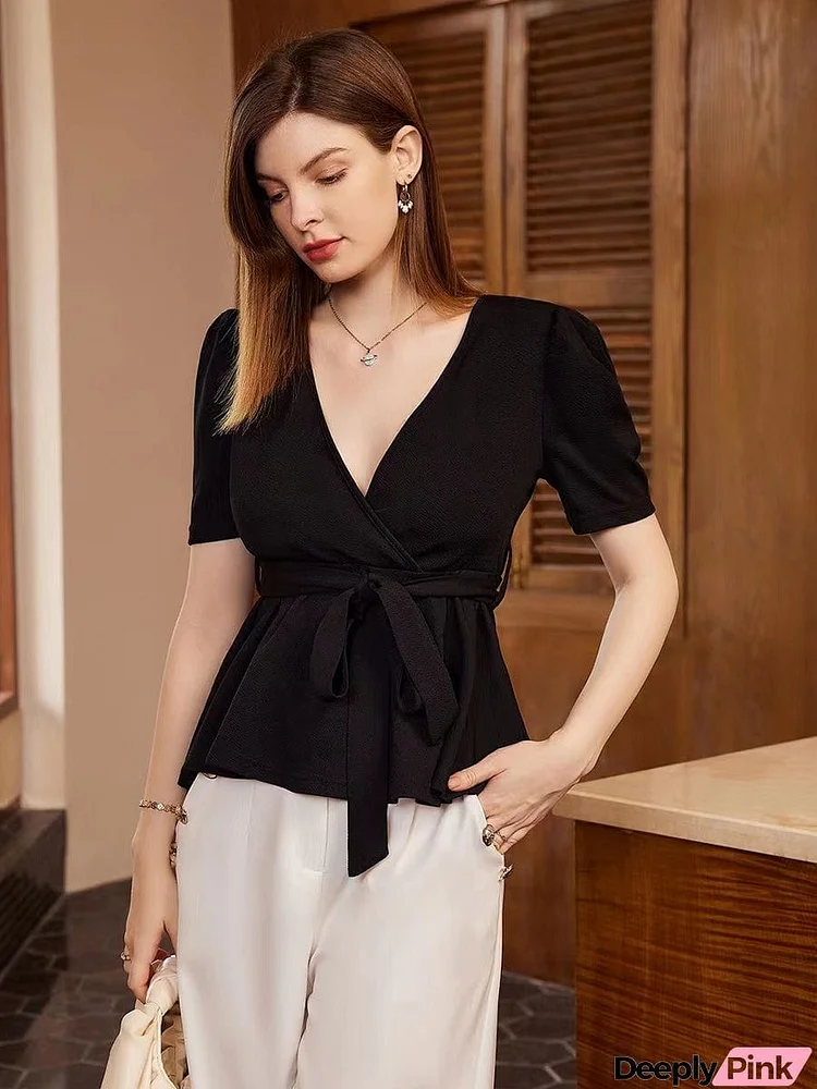 Surplice Neck Tie Waist Puff Sleeve Blouse