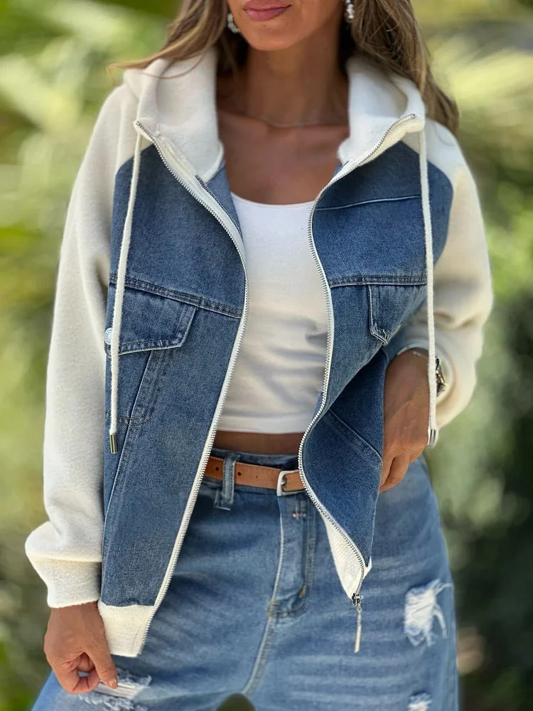 Women's Hooded Denim Patchwork Casual Top