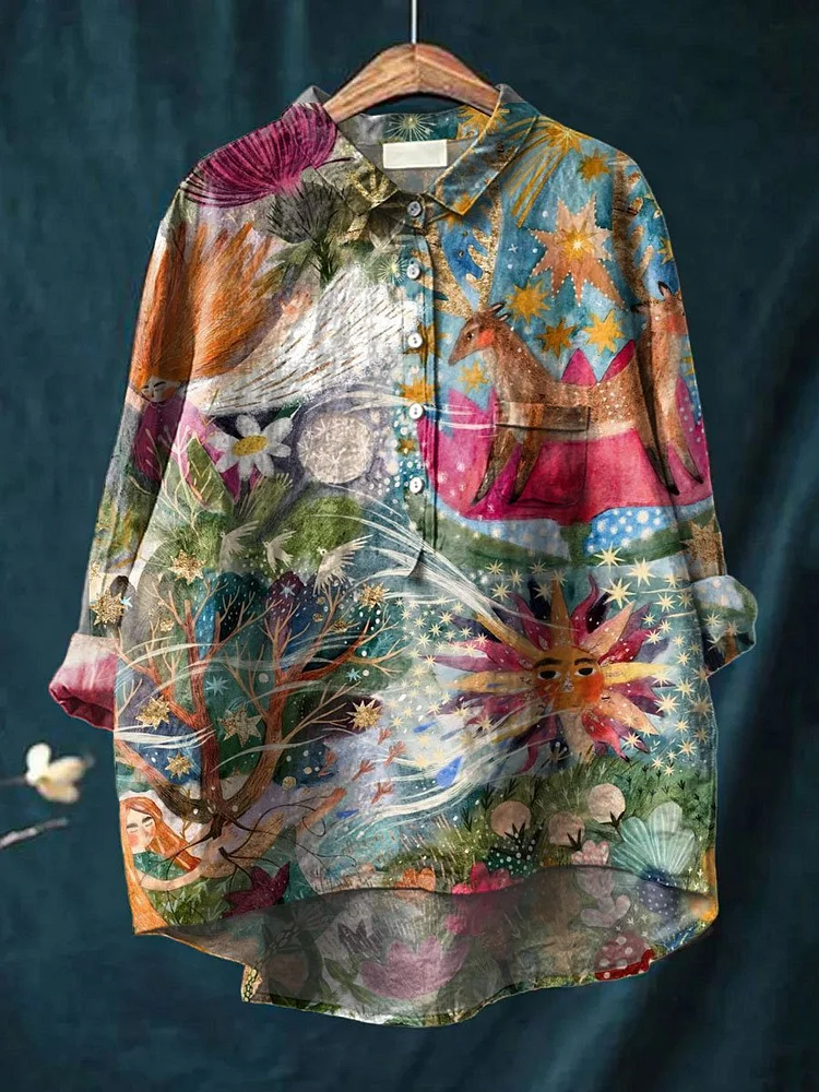 Womens Art Print Casual Cotton And Linen Shirt