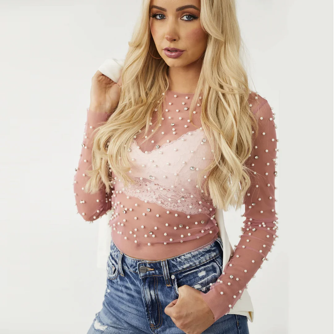 Uveng Spring And Summer Explosion Of Women's Clothing Beads Big Diamond Perspective Mesh Top Lady