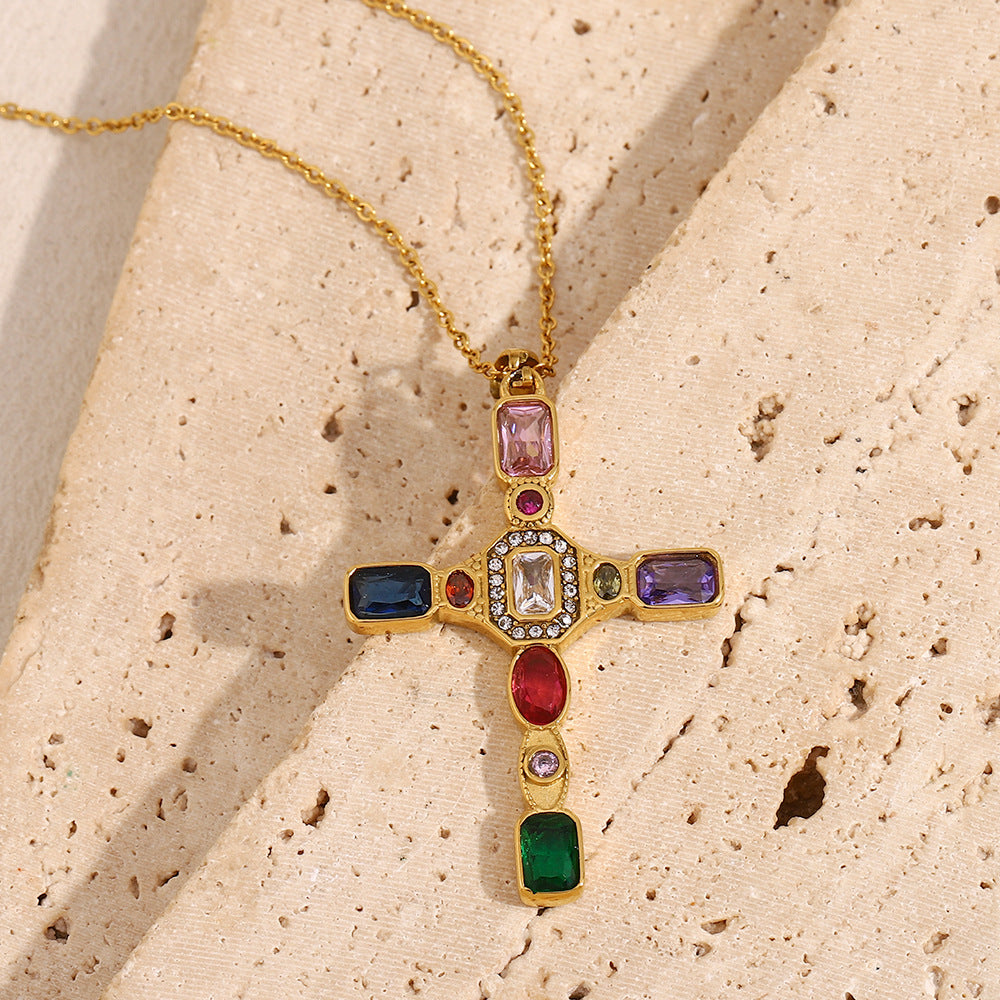 Fashion Retro French Style Pendant Stainless Steel 18K Gold Plated Colorful Cross Necklace