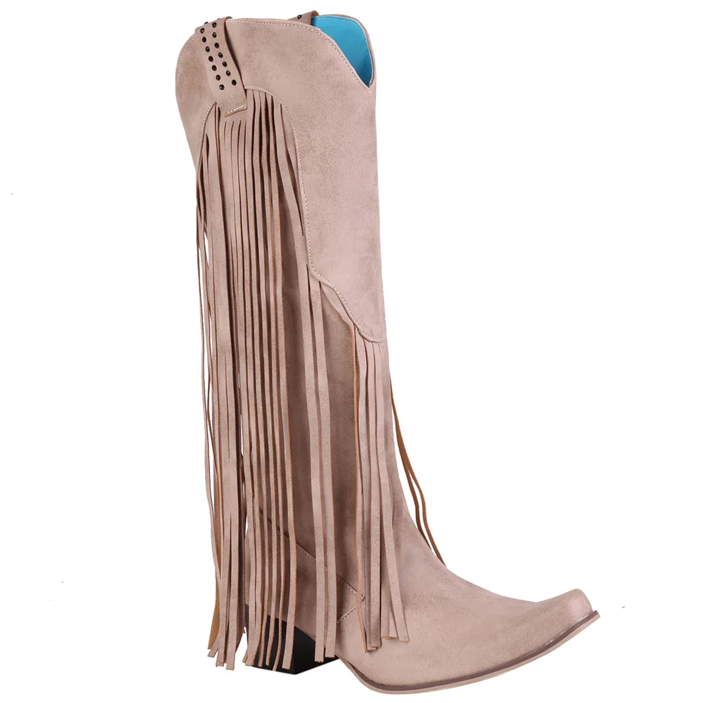 Qengg New Arrival Cowboy Western Long knee-high Boots Women Stacked Heeled Fringe Retro Casual Ridding Boots Autumn Shoes