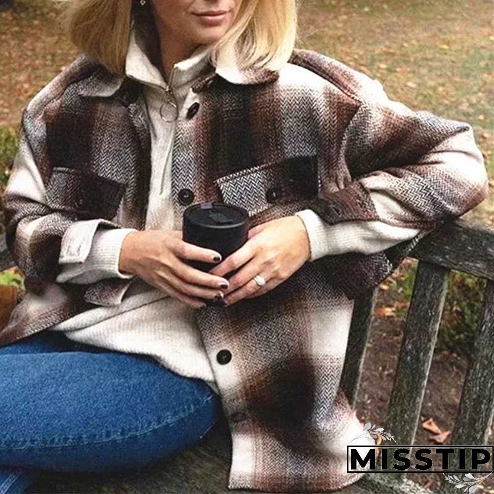 Classic Thick Colorblock Checked Button Down Shirt Jacket Woolen