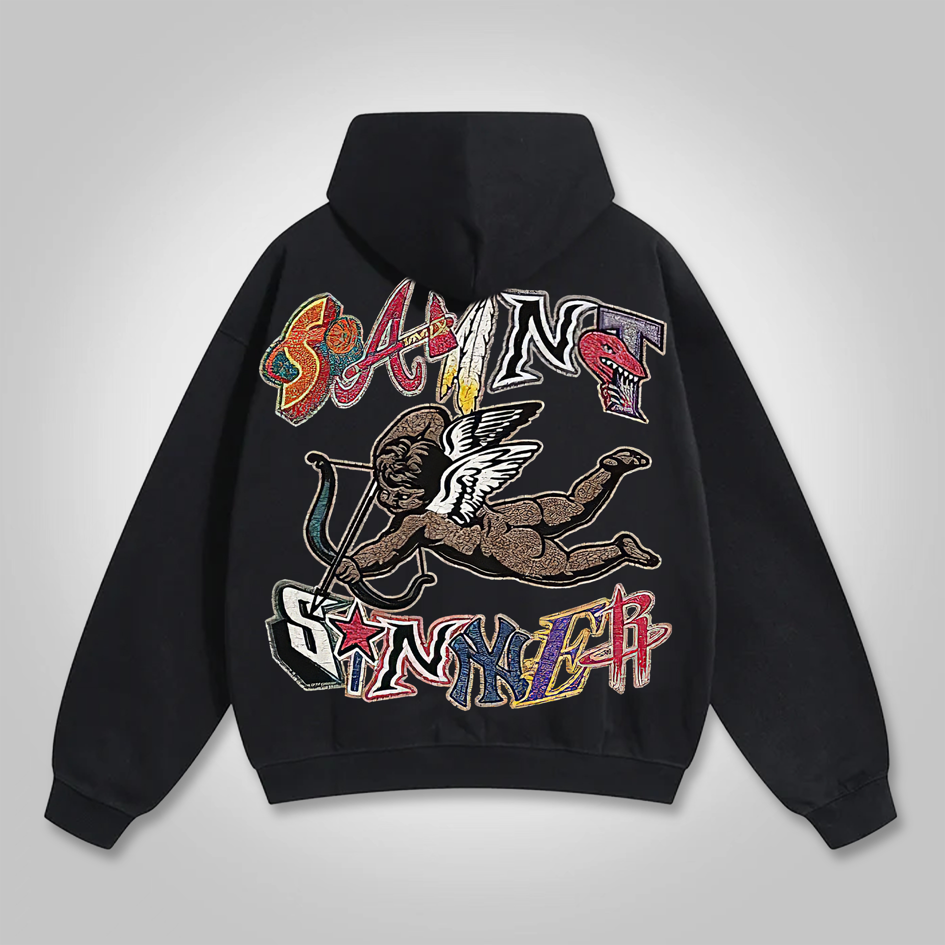 Vintage Saint Angel Graphic Print Side Pockets Hoodie - SOPULA