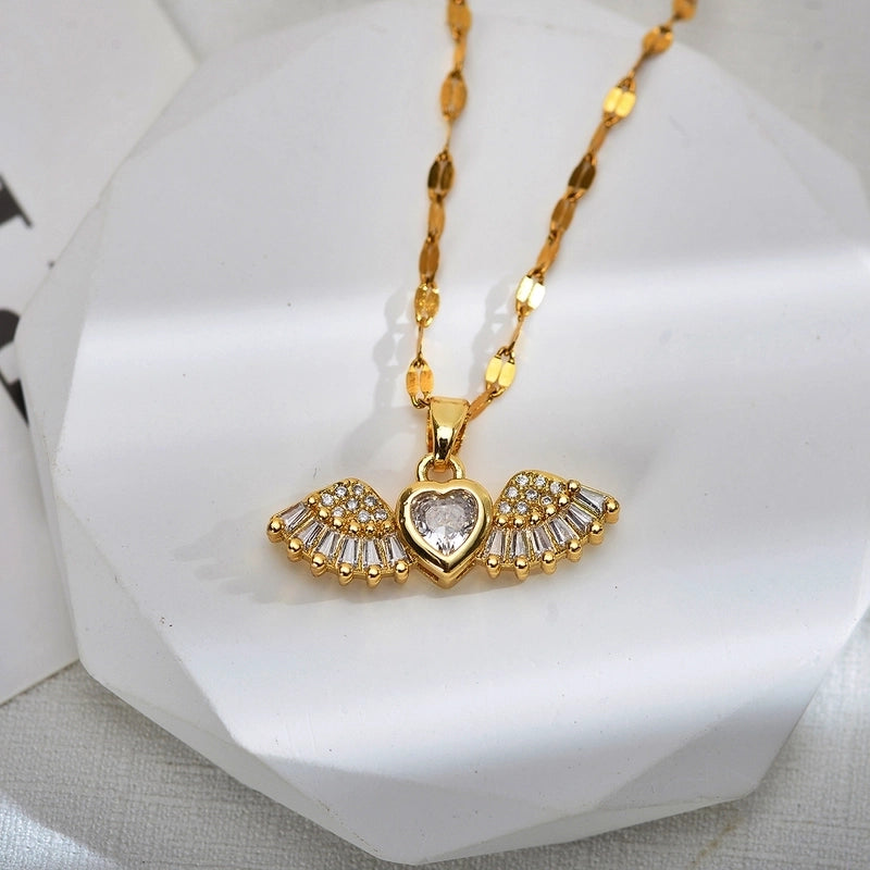 Sweet Wings Bow Knot Titanium Steel Copper Zircon Gold Plated Inlay Pendant Necklace