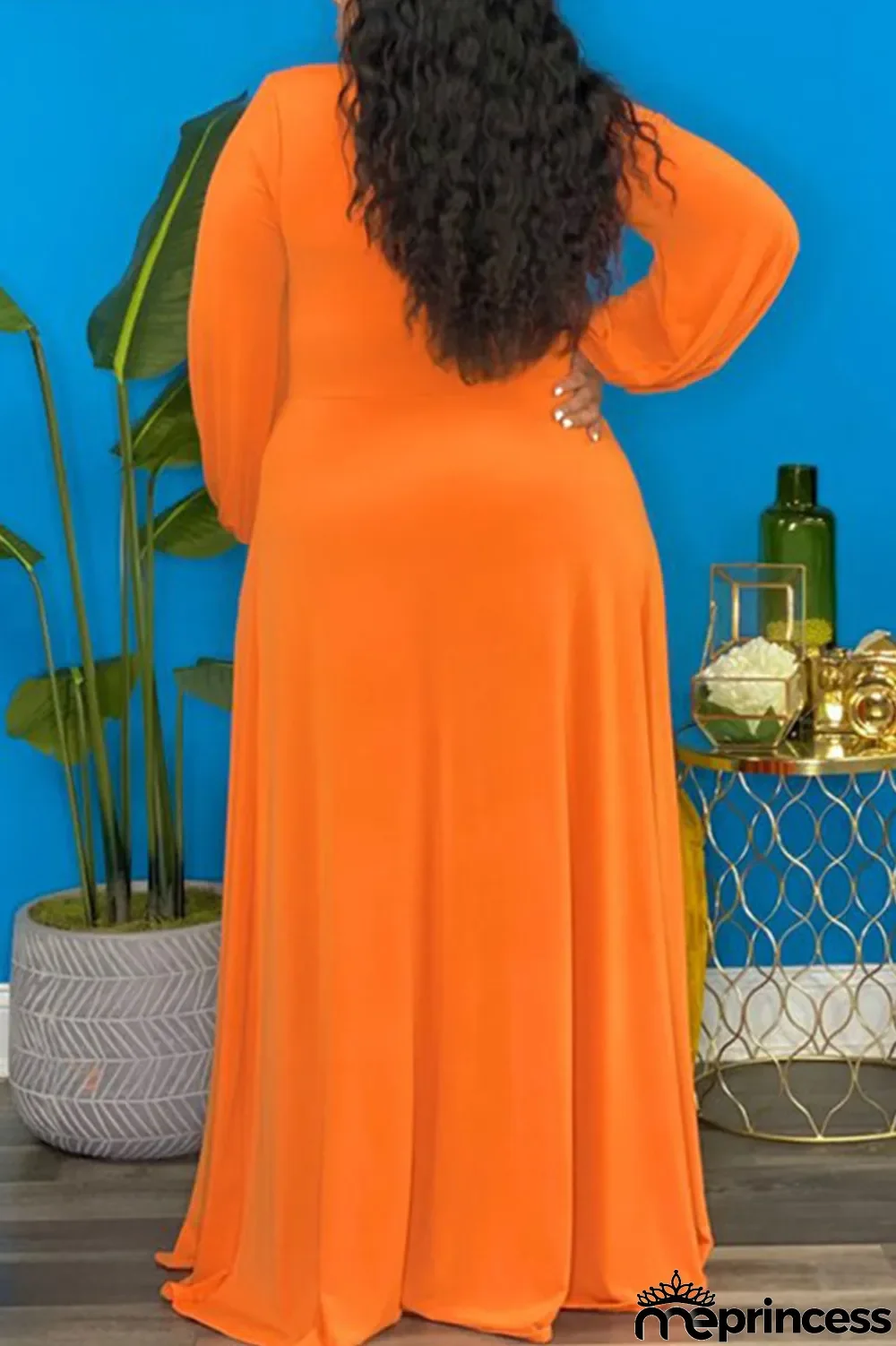 Deep Blue Elegant Solid Split Joint Frenulum High Opening V Neck Long Sleeve Plus Size Dresses