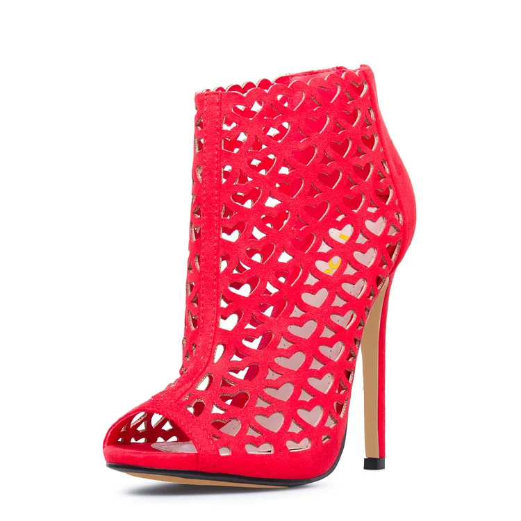 Red Peep Toe Heels Hollow out Heart Shaped Stiletto Heel Sandals Vdcoo