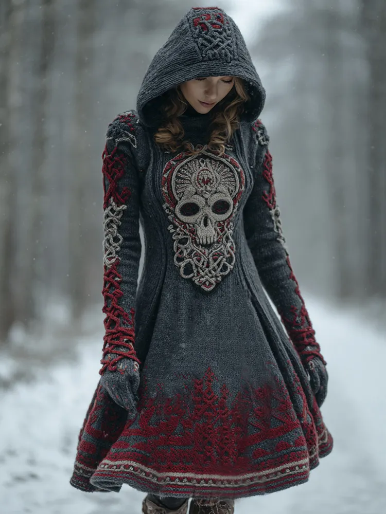 Women's Vintage Celtic Knot Ombre Hooded Sweater Midi Dress