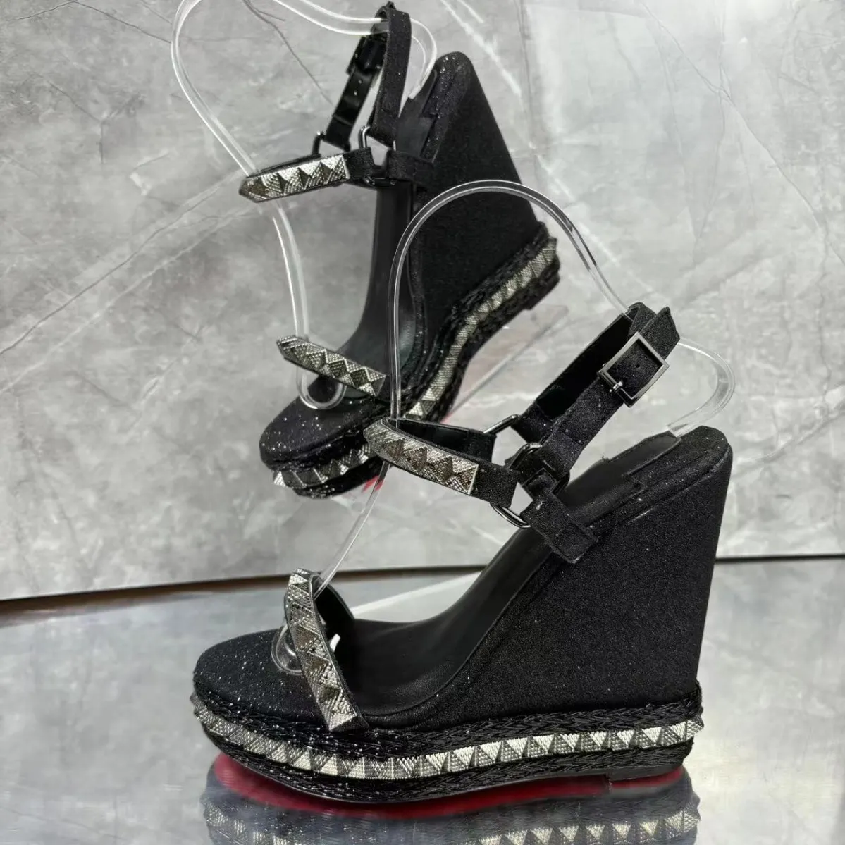  120mm/4.72 Inch Rivet Wedge Sandals Women's Summer New Woven One-piece Waterproof Platform Thick Red Bottom Sandals-vocosishoes