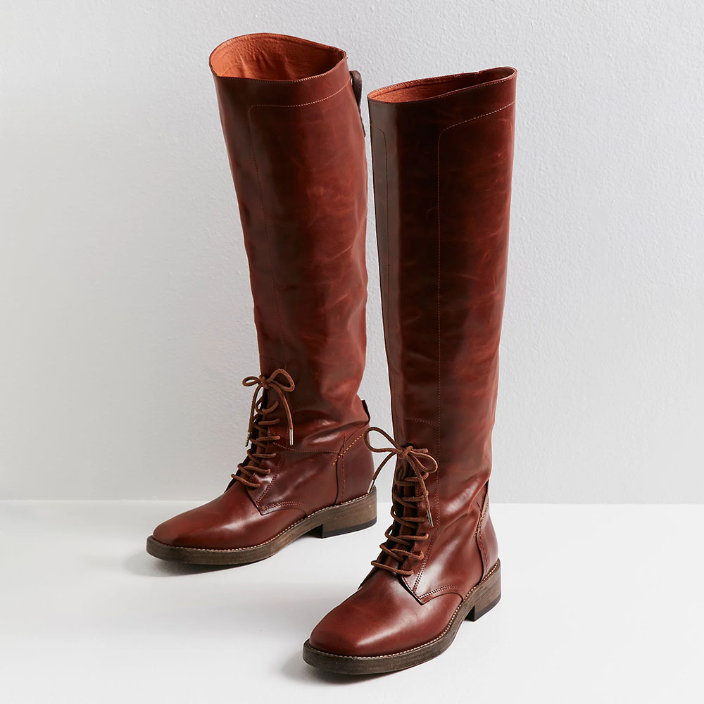Lace-Up Vegan Leather Square Toe Flat Knee High Boots in Brown Nicepairs
