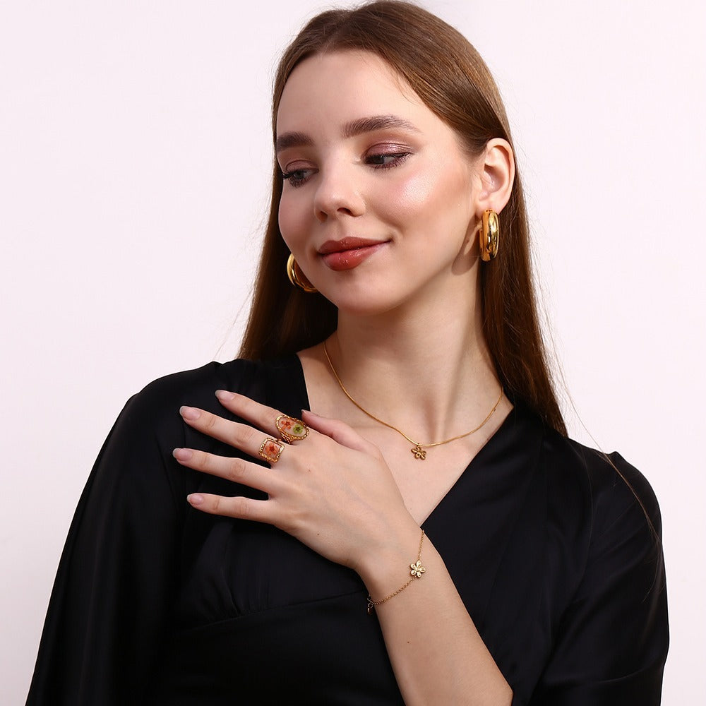 Vintage Fashion Retro Ellipse Quadrilateral Geometric Stainless Steel 18K Gold Plated Rings