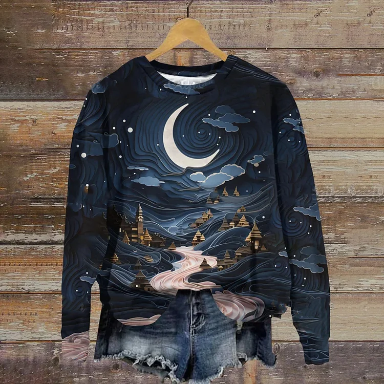 Lässiges Sweatshirt mit Rundhalsausschnitt und Retro-Mond-Kunstdruck