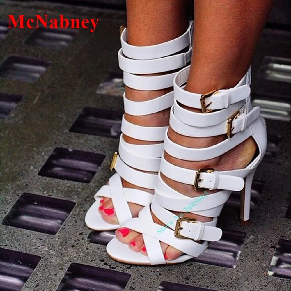 New Bandage Buckles Open Toe Sandals Ankle Straps Hollow Solid Thin High Heel Sandals Women Shoes Back Zipper Party Dress Summer