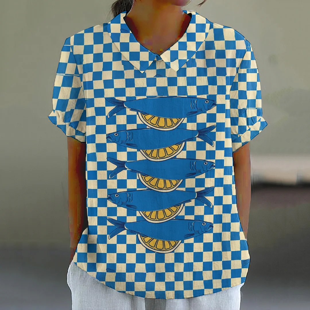 Retro Plaid Sardines Fish Art Pattern Printed Casual Women's  Cotton Linen Shirt