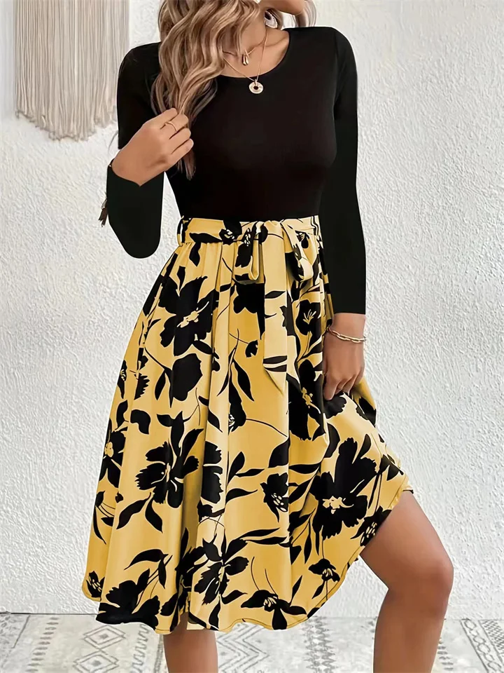 Women's Dresses Fall and Winter New Printed Dress Round Neck Tie Dresses-JRSEE