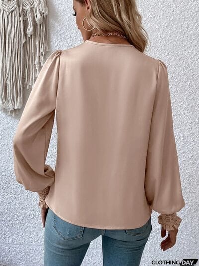 Surplice Smocked Lantern Sleeve Blouse