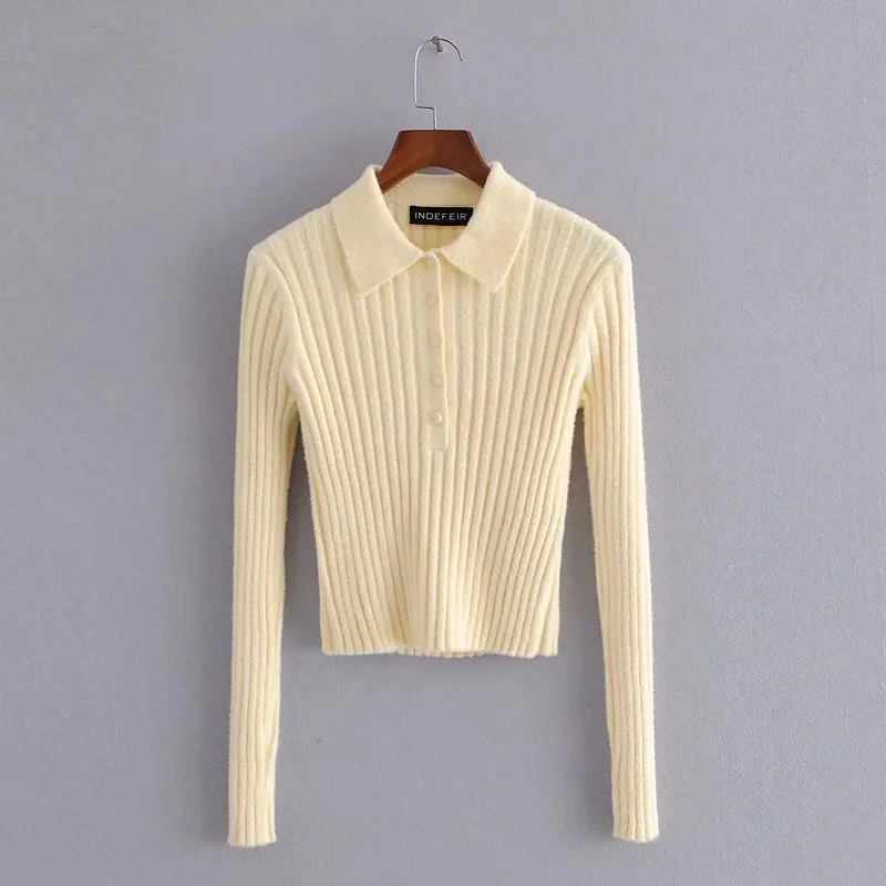 2021 New Women Knitted Polo Shirt Long Sleeves Elastic Elegant Chic Lady High Fashion Casual knitted Woman Tops