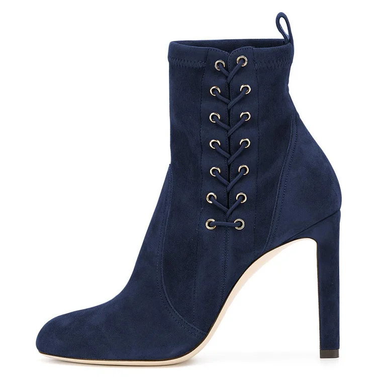 Chunky Navy Lace Up Ankle Booties with Almond Toe and High Heel Vdcoo