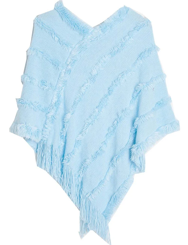 Ladies Tassel Trim Scarf V-Neck Solid Color Knit Shawl