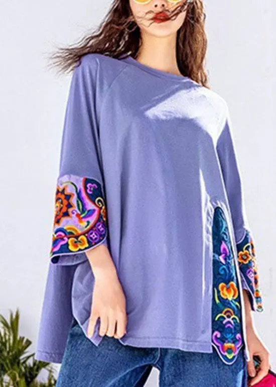 Purple Embroidered Patchwork Tops Three Quarter sleeve