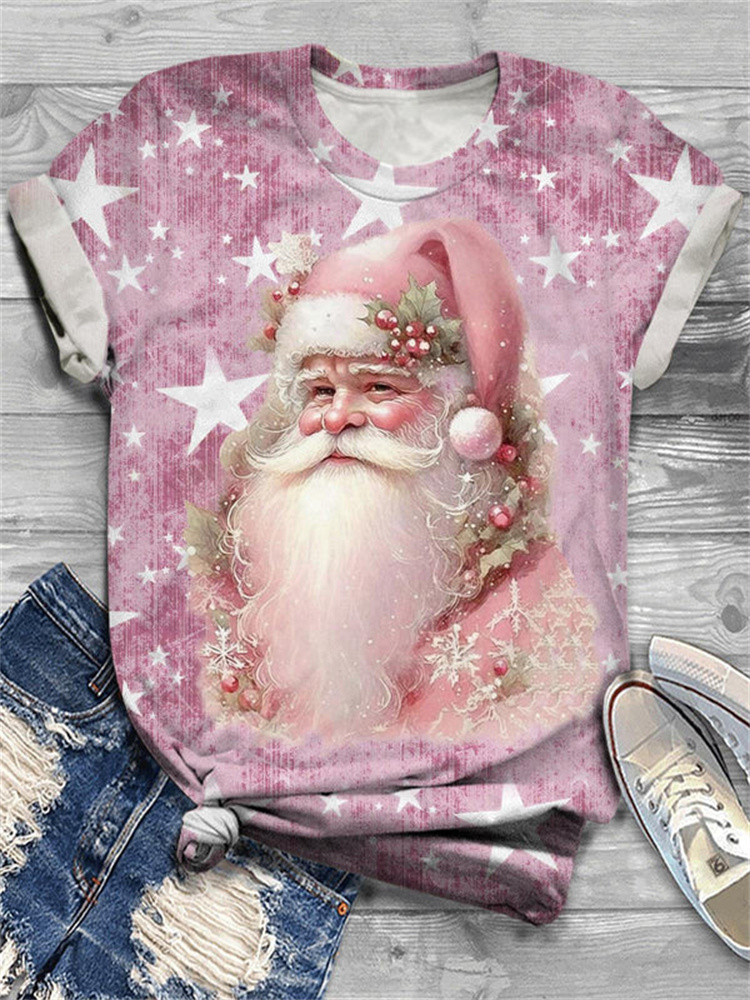 Comstylish Women's Christmas Santa Claus Cute Star Print Casual T-Shirt