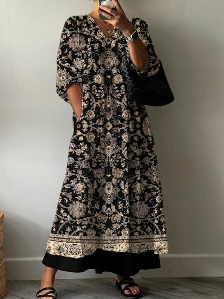 Women's Vintage Lovely Floral Art Print Pocket V-neck Cotton Dress