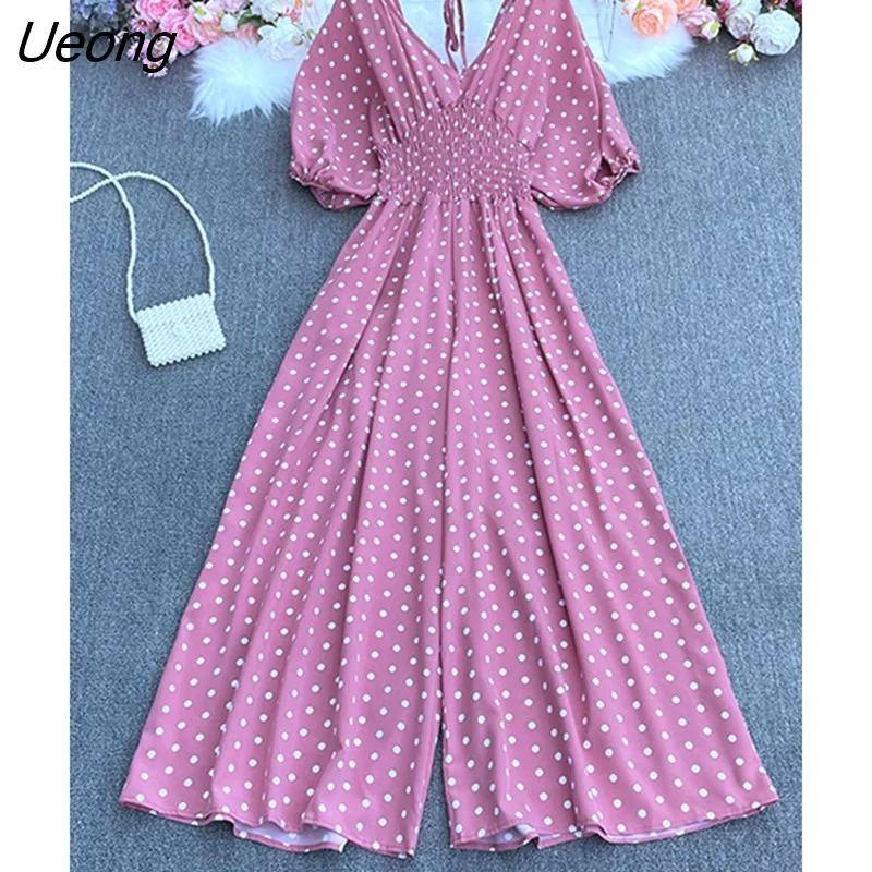 Ueong dot holiday casual wide leg jumpsuits V Neck Puff Sleeve Waist Elastic Rompers loose beach long playsuits