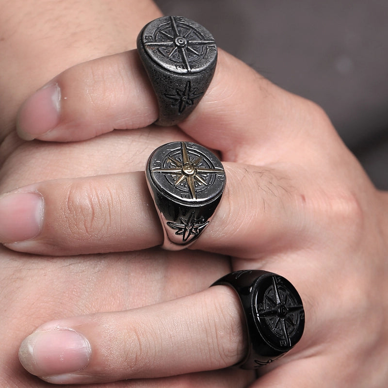 Hip-Hop Compass Titanium Steel Polishing 18K Gold Plated Men’s Rings