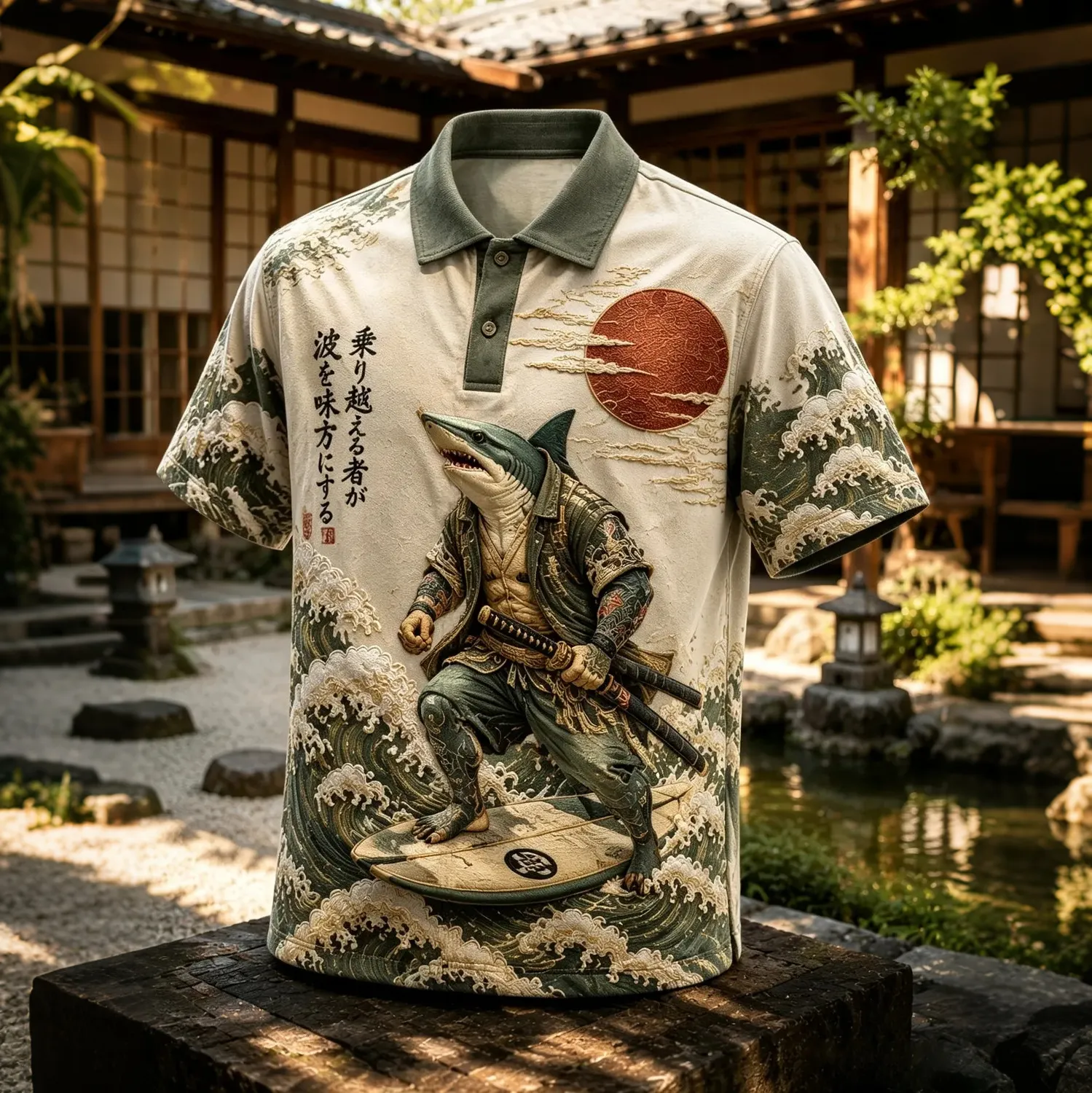 Men's Japanese Samurai Shark Wave Print Polo Shirt  artssus