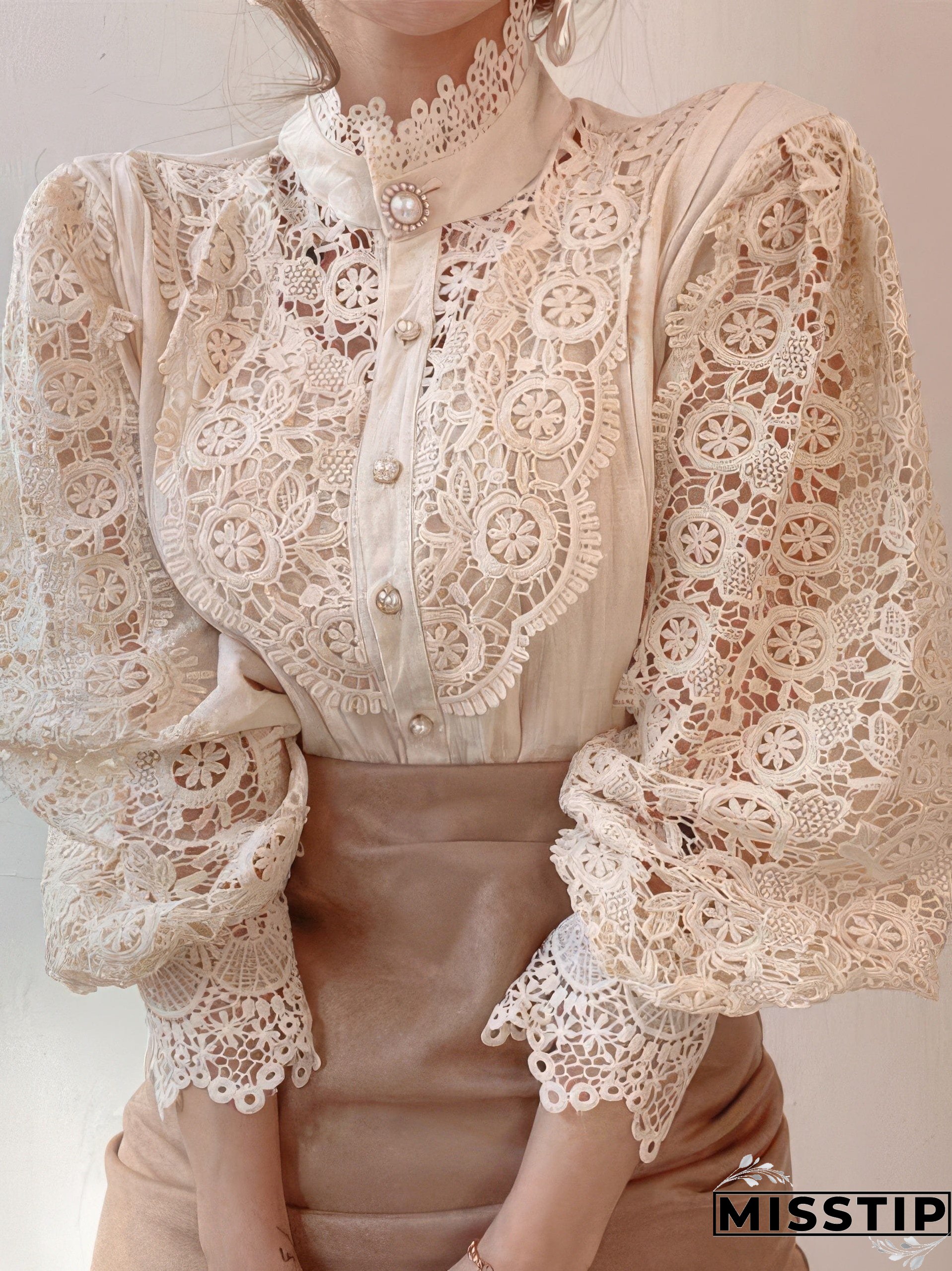 White Lace Blouse with Stand Collar and Pearl Buttons