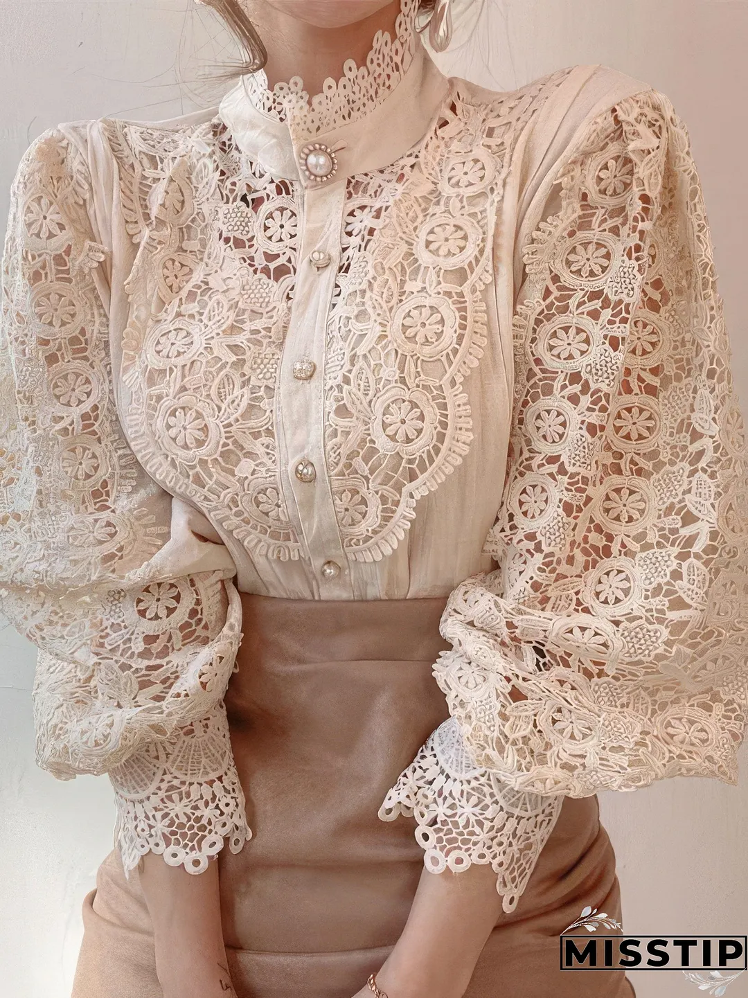 White Lace Blouse with Stand Collar and Pearl Buttons