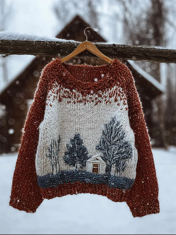 Winter Forest Cottage Landscape Contrast Knit Isle Sweater