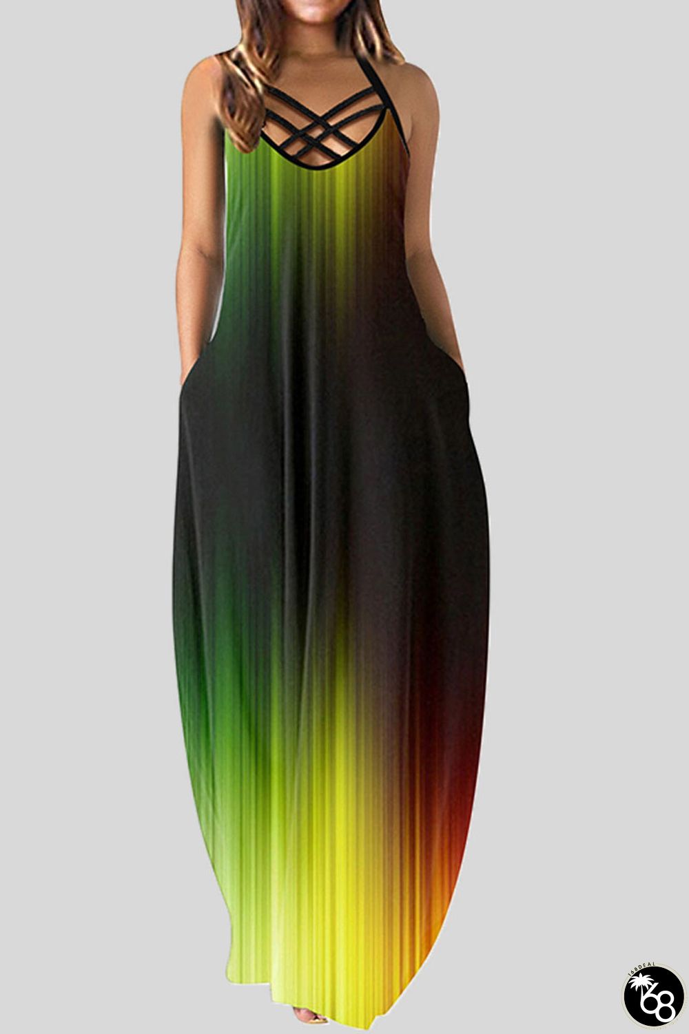 Black Green Sexy Print Patchwork Spaghetti Strap Printed Dress Dresses | 168DEAL